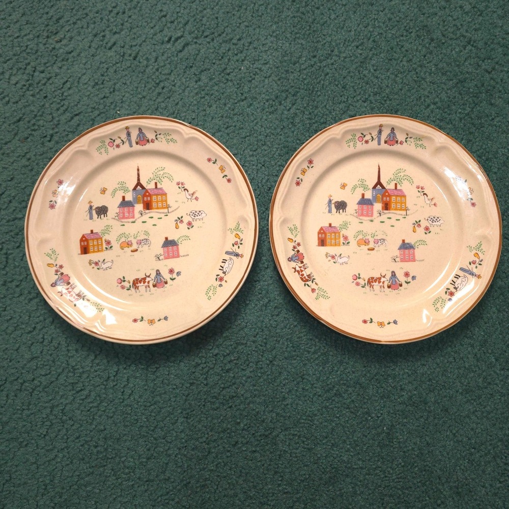 Vintage 1986 Newcor Our Country Stoneware Dinner Plates 6004 Set of 2 Folk Art